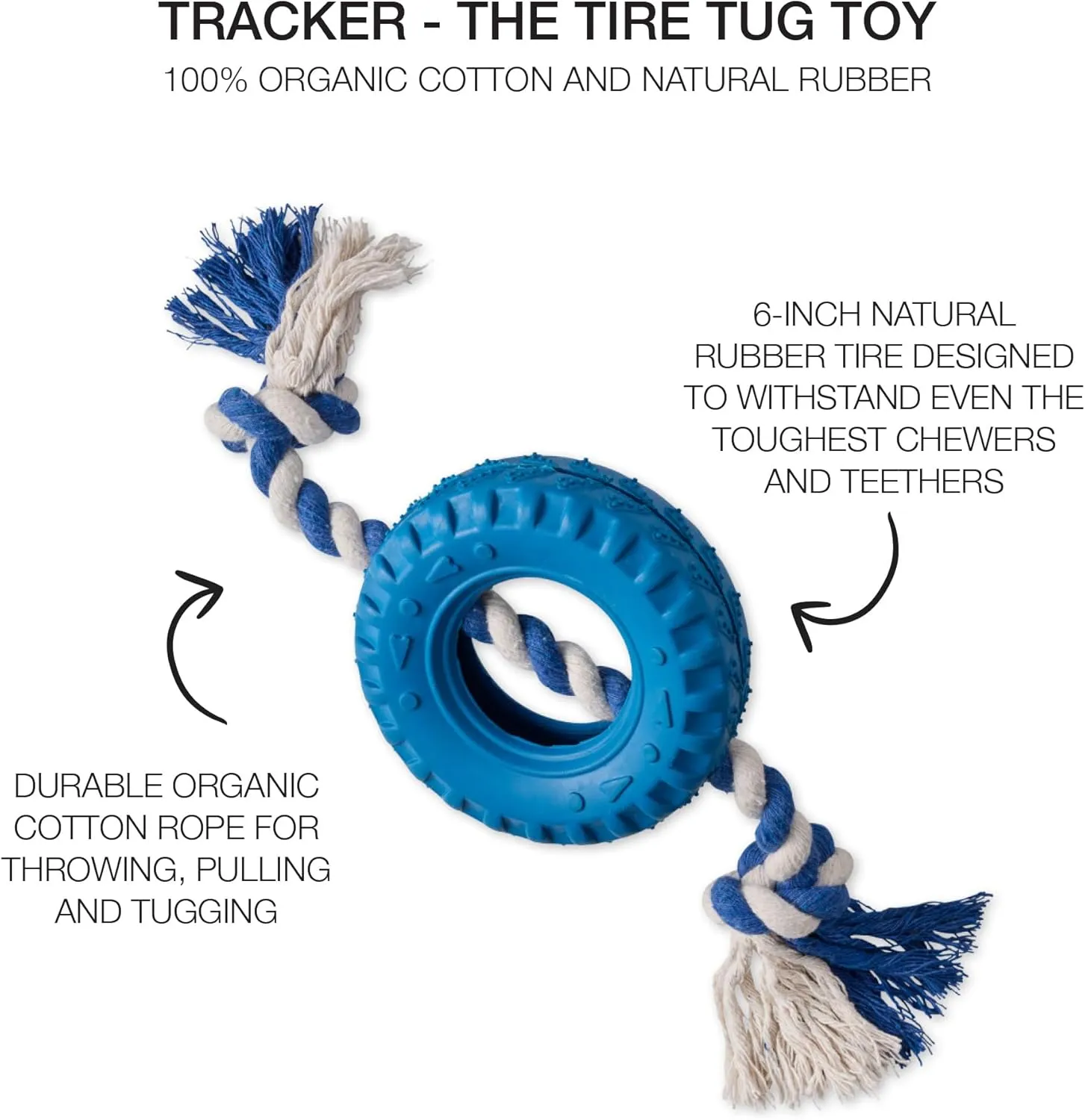 Natural Rubber Tire and Organic Cotton Rope Pull and Chew Dog Toy for All Pet Breeds, Blue, One Size