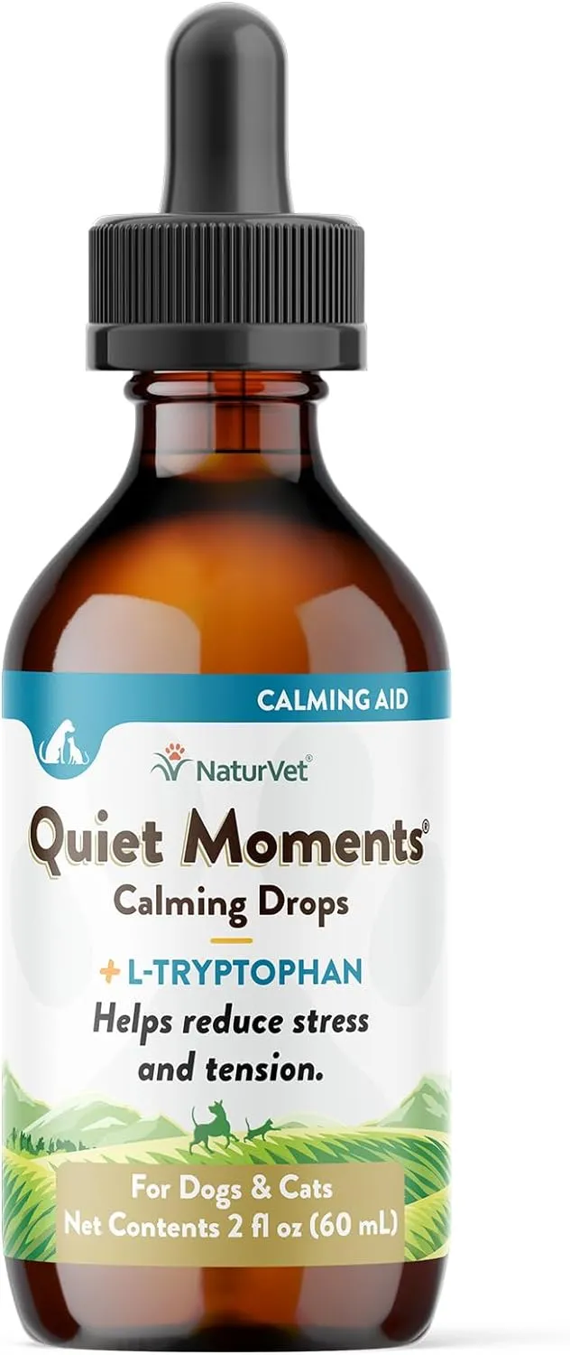 NaturVet Quiet Moments Calming Drops for Cats & Dogs  Helps Reduce Pet Stress, Promotes Relaxation  Dog Supplement, Cat Supplement Includes L-Tryptophan, Ginger, Chamomile  2 Oz.