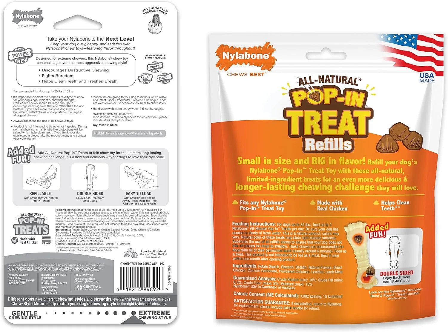Nylabone Power Chew Knuckle Bone Pop-in Treat-Toy with Refills, Treat Dispensing Pouch Toys for Dogs, Chicken Flavor, Medium - Up to 35 lbs, 2 Pack