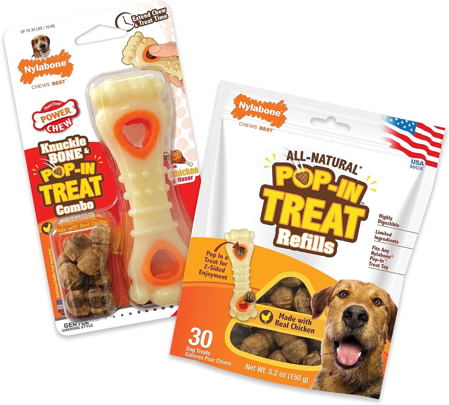 Nylabone Power Chew Knuckle Bone Pop-in Treat-Toy with Refills, Treat Dispensing Pouch Toys for Dogs, Chicken Flavor, Medium - Up to 35 lbs, 2 Pack