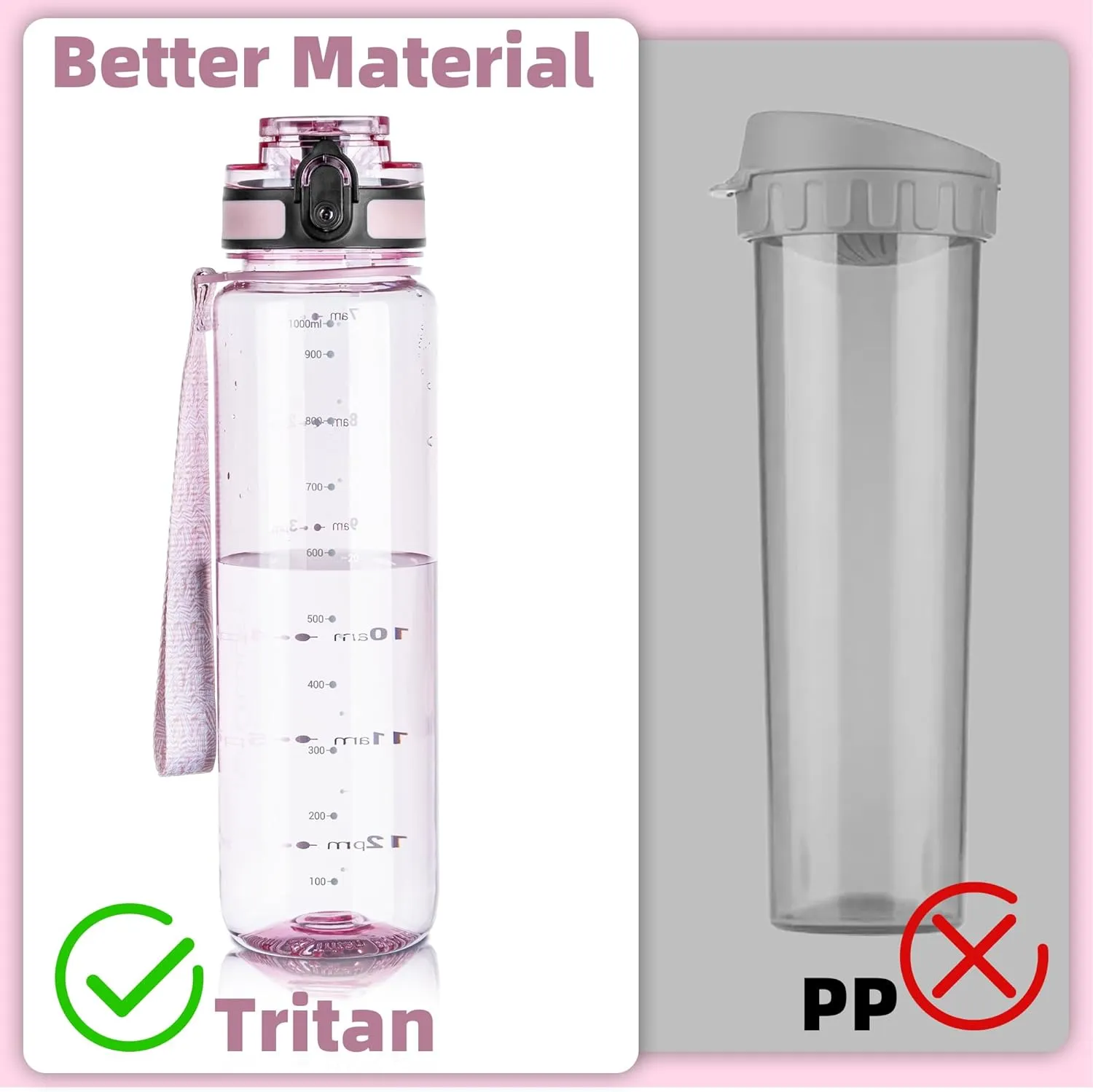 OLDLEY 32 oz Water Bottle, Motivational Water Bottle with Time Marker, Sports Water Bottle With Strap, Leakproof & BPA Free Large Water Bottles for School, Gym, Travel, Tritan, Transparent Pink