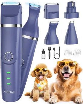 oneisall 4-in-1 Cordless Dog Grooming Kit with 2-Speed Clippers, Low Noise Paw Trimmer & Rechargeable Quiet Nail Grinder for Dogs and Cats Blue