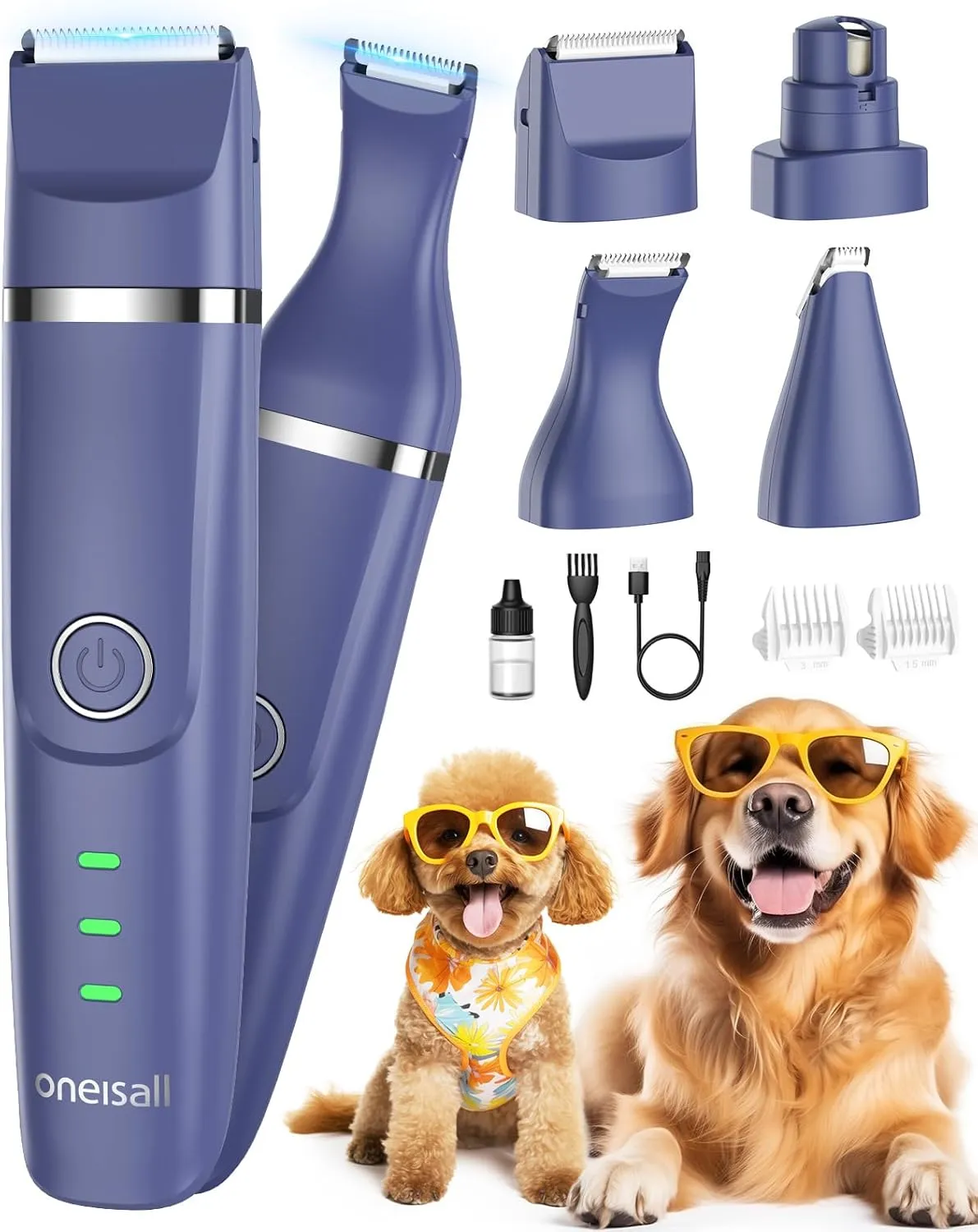 oneisall 4-in-1 Cordless Dog Grooming Kit with 2-Speed Clippers, Low Noise Paw Trimmer & Rechargeable Quiet Nail Grinder for Dogs and Cats Blue
