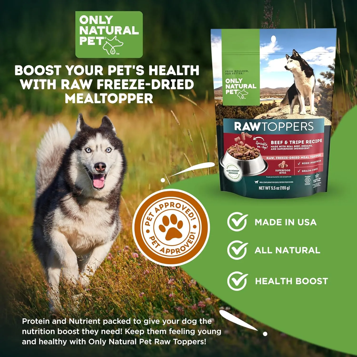 Only Natural Pet Raw Toppers Freeze Dried Beef and Tripe Recipe - Protein Packed, Great Tasting Freeze Dried Raw Food Topper for Dogs - 5.5 OZ Bag 2 Pack