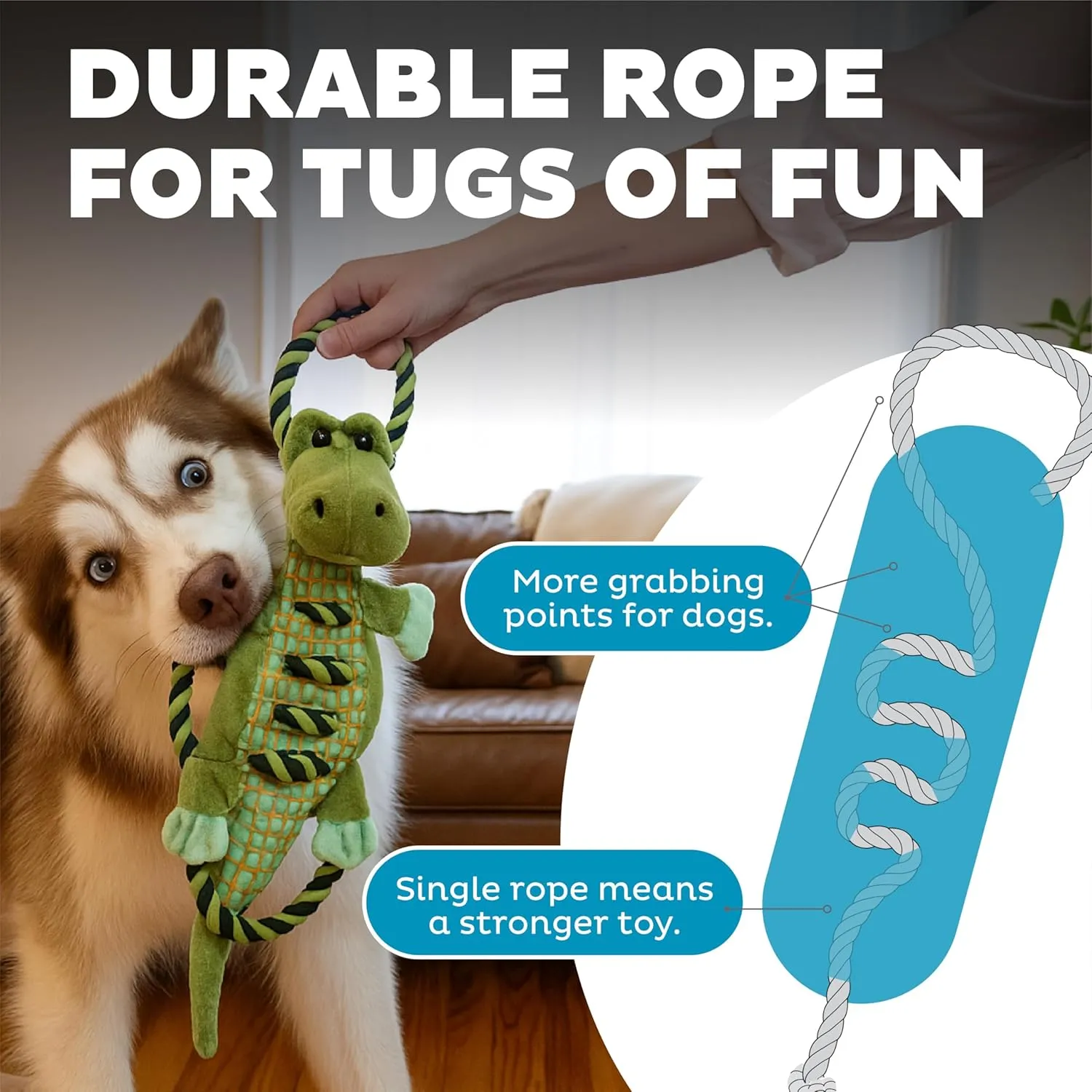 Outward Hound by Charming Pet Ropiez Rope Interactive Dog Tug Toy for Tugging Squeaky Fun, Gator, Green