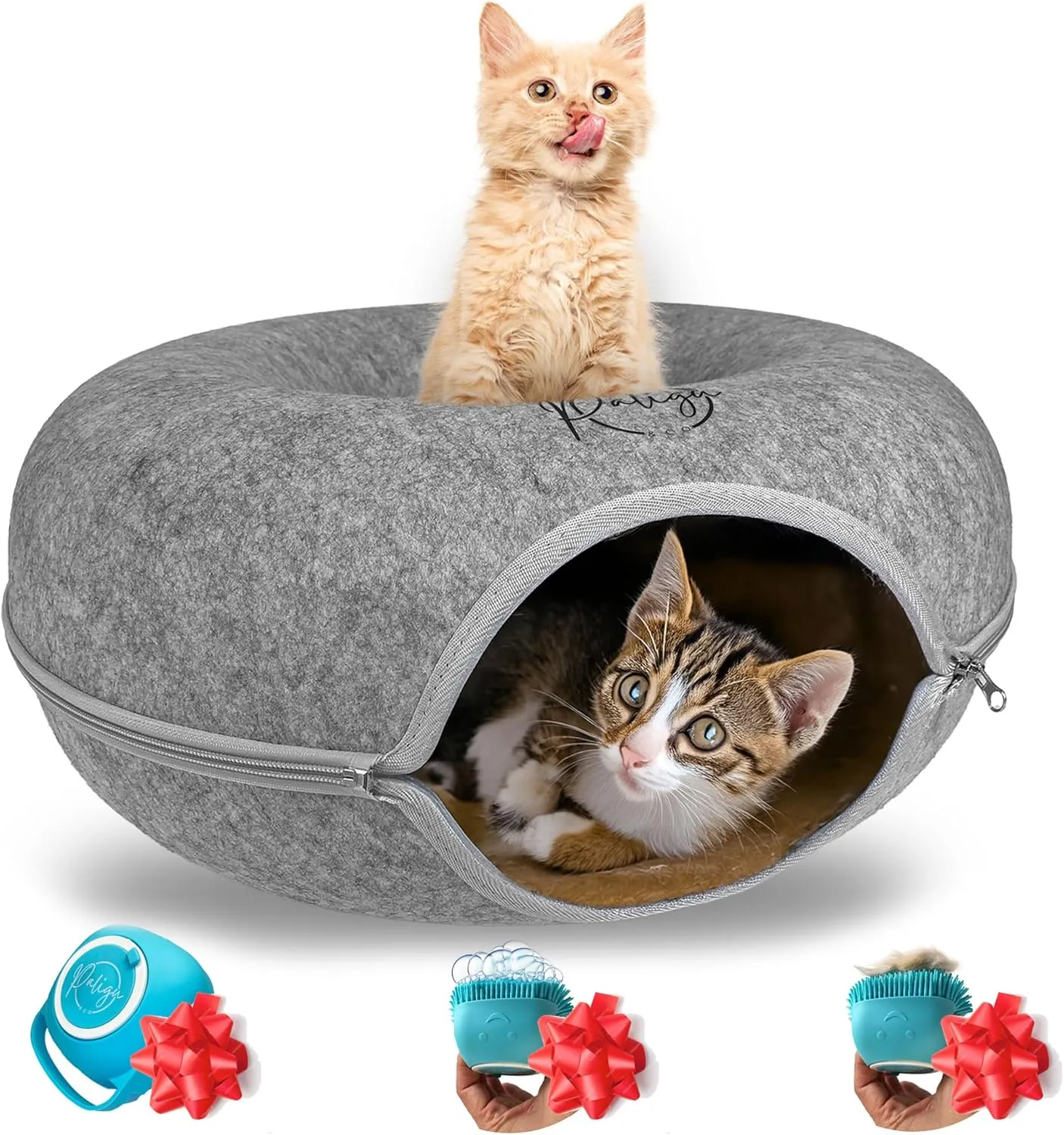 PALIGU & CO Peekaboo Cat Cave Cat Tunnel Bed - Premium Cave and Tunnel Bed Set with Pet Brushes Bath Massage, Donut Design - Ideal Houses for Indoor. (Grey, Medium)