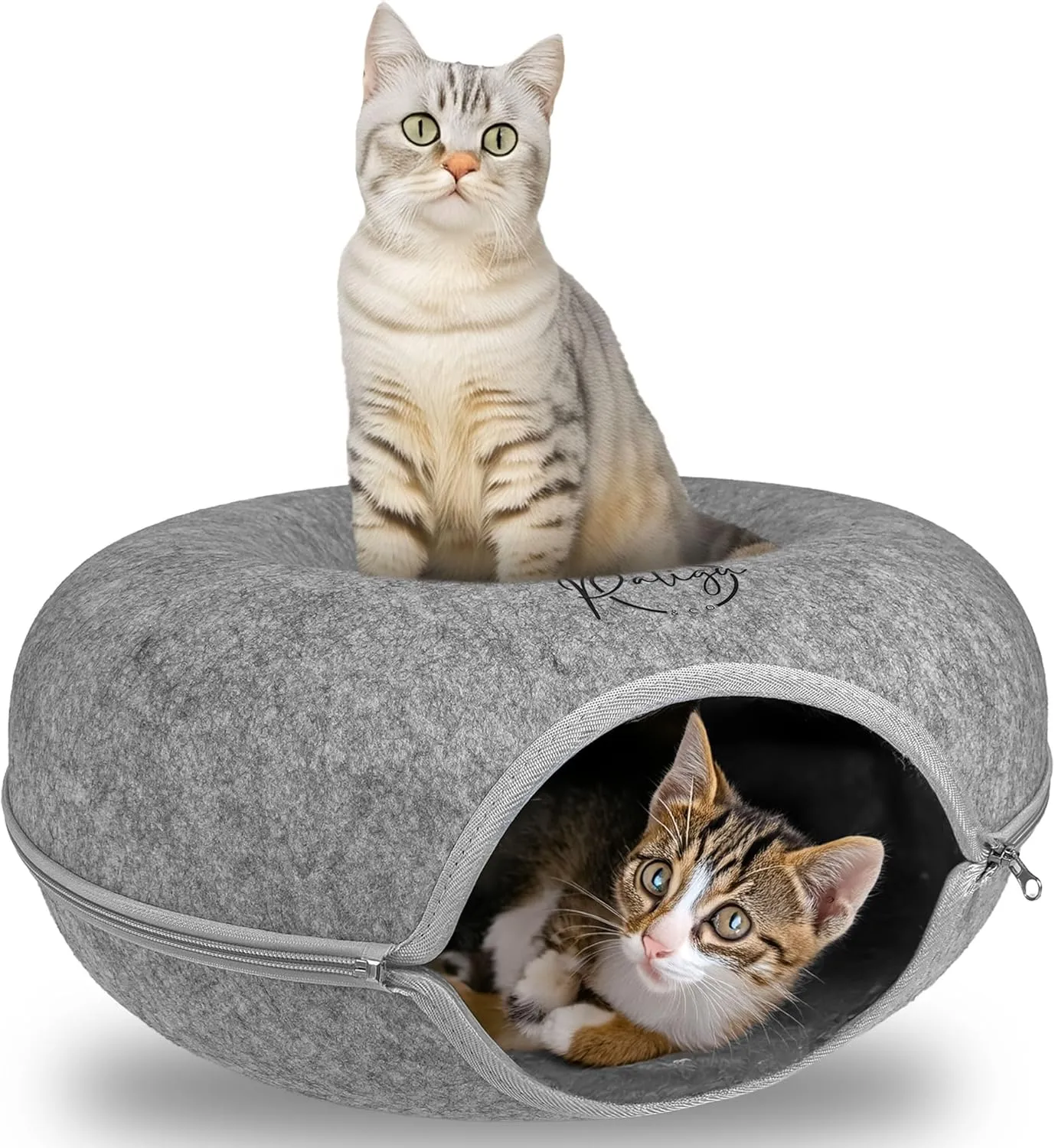PALIGU & CO Peekaboo Cat Cave Cat Tunnel Bed - Premium Cave and Tunnel Bed Set with Pet Brushes Bath Massage, Donut Design - Ideal Houses for Indoor. (Grey, Medium)