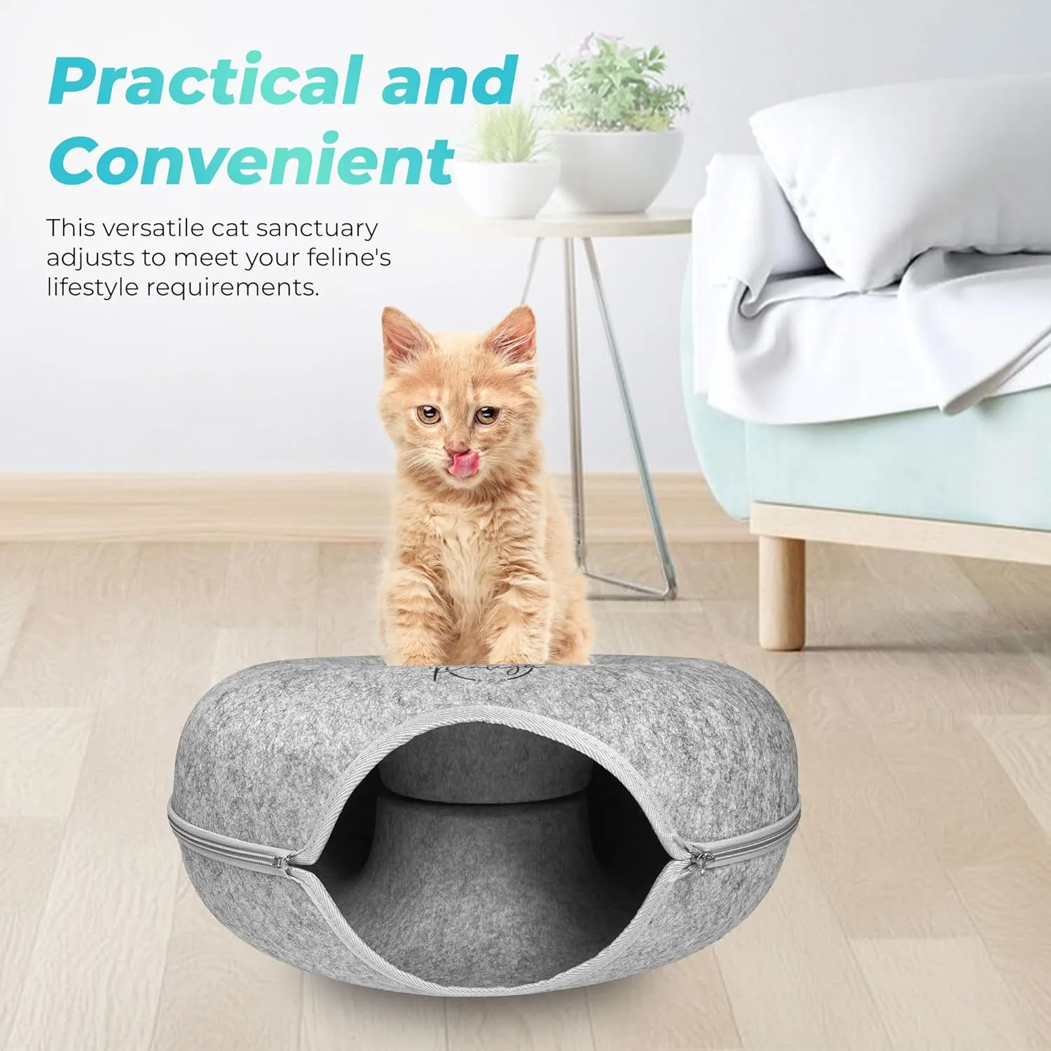 PALIGU & CO Peekaboo Cat Cave Cat Tunnel Bed - Premium Cave and Tunnel Bed Set with Pet Brushes Bath Massage, Donut Design - Ideal Houses for Indoor. (Grey, Medium)