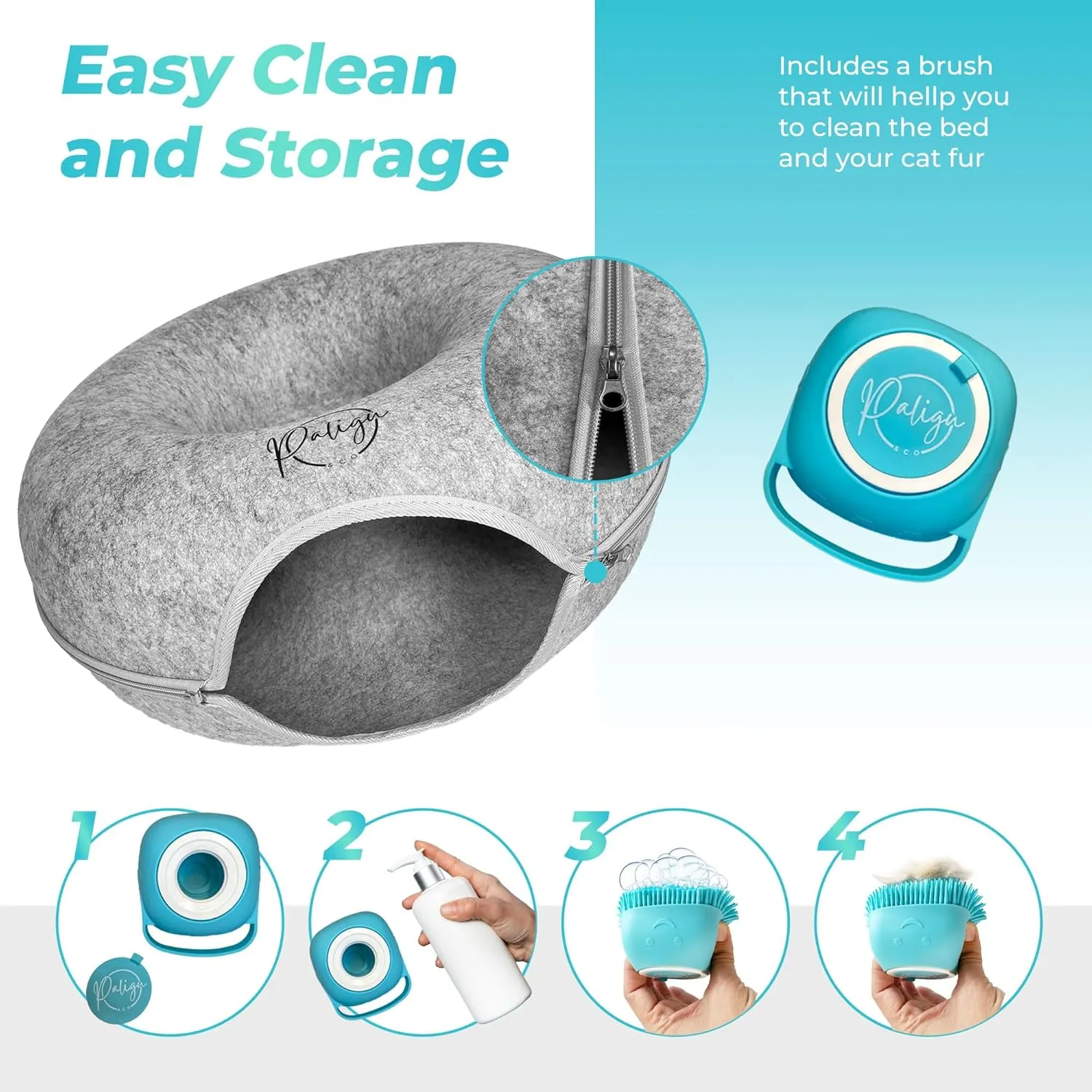 PALIGU & CO Peekaboo Cat Cave Cat Tunnel Bed - Premium Cave and Tunnel Bed Set with Pet Brushes Bath Massage, Donut Design - Ideal Houses for Indoor. (Grey, Medium)