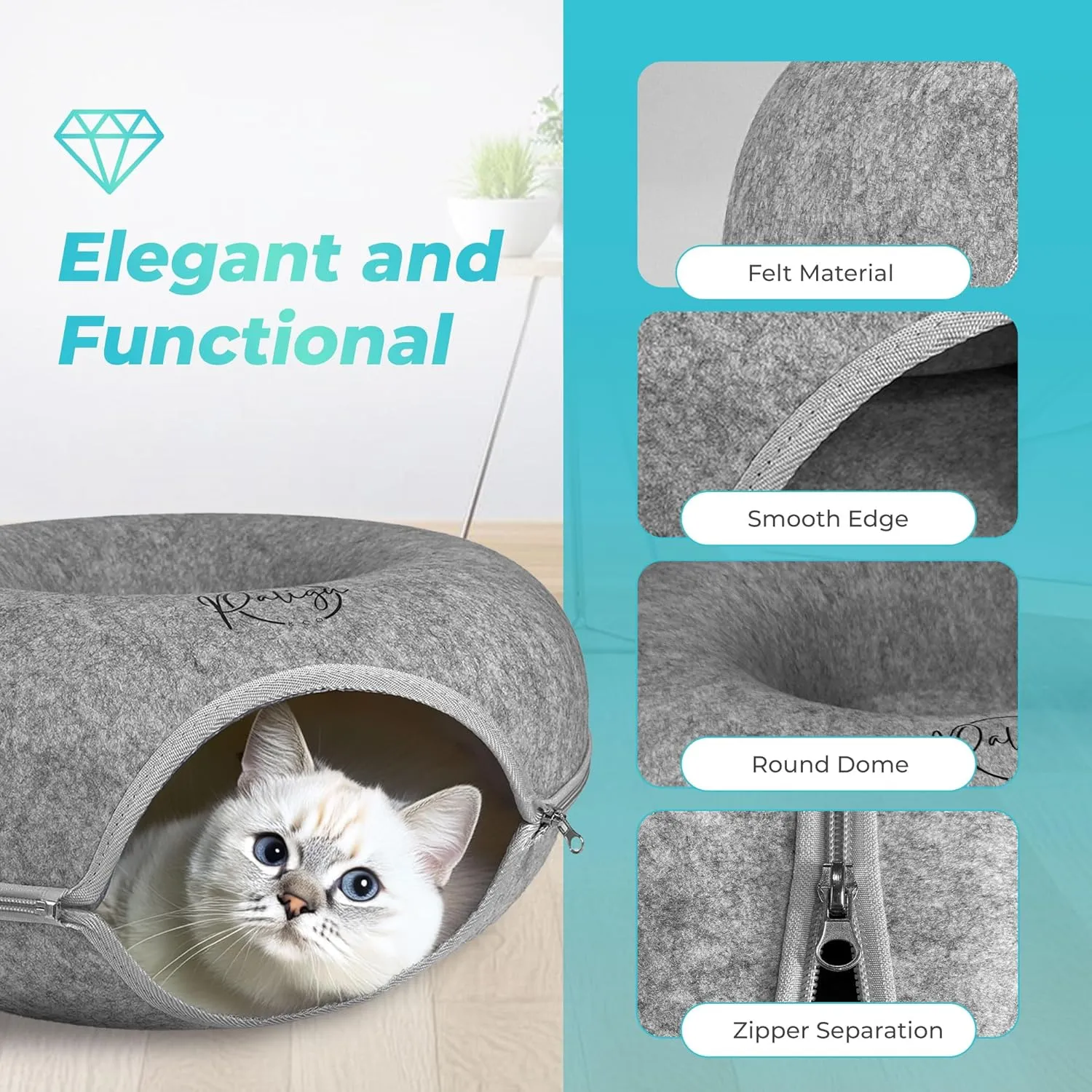 PALIGU & CO Peekaboo Cat Cave Cat Tunnel Bed - Premium Cave and Tunnel Bed Set with Pet Brushes Bath Massage, Donut Design - Ideal Houses for Indoor. (Grey, Medium)