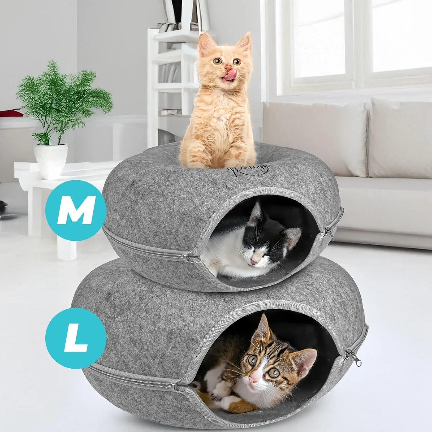PALIGU & CO Peekaboo Cat Cave Cat Tunnel Bed - Premium Cave and Tunnel Bed Set with Pet Brushes Bath Massage, Donut Design - Ideal Houses for Indoor. (Grey, Medium)