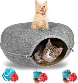PALIGU & CO Peekaboo Cat Cave Cat Tunnel Bed - Premium Cave and Tunnel Bed Set with Pet Brushes Bath Massage, Donut Design - Ideal Houses for Indoor. (Grey, Medium)