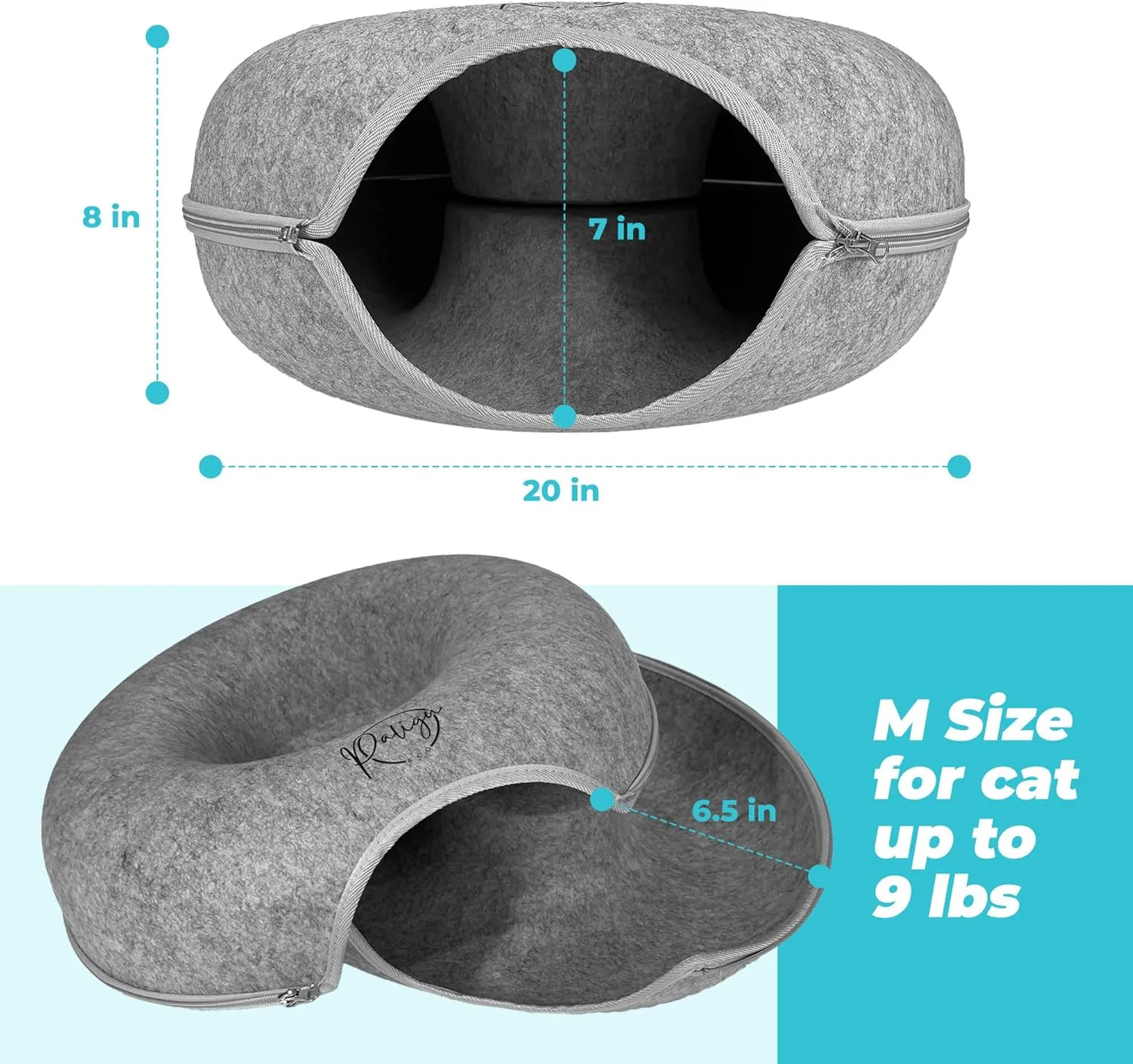 PALIGU & CO Peekaboo Cat Cave Cat Tunnel Bed - Premium Cave and Tunnel Bed Set with Pet Brushes Bath Massage, Donut Design - Ideal Houses for Indoor. (Grey, Medium)