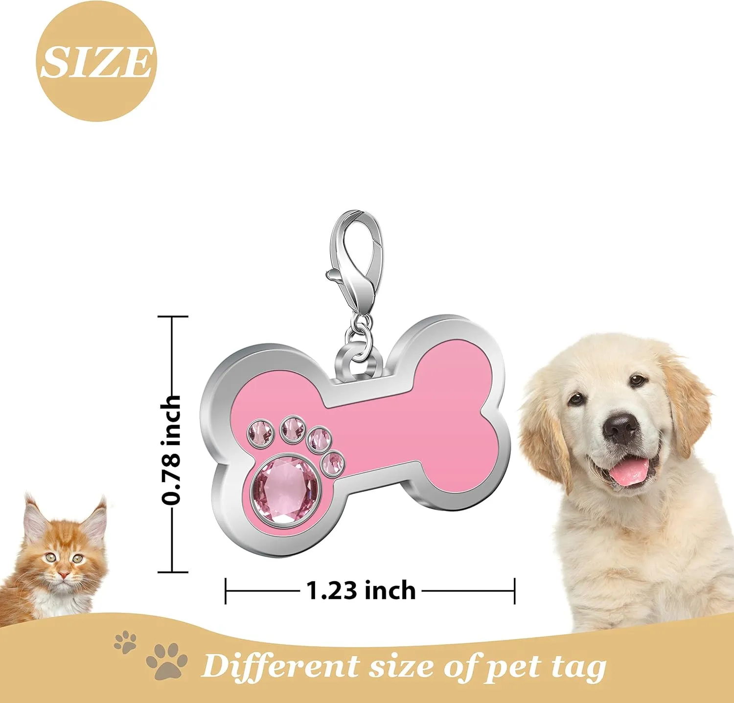 Personalized Engraved Stainless Steel Pet ID Silent Tag,Bone and Paw Shape Dog Tags & Cat Tags with Crystals (Pink, Bone Shape)