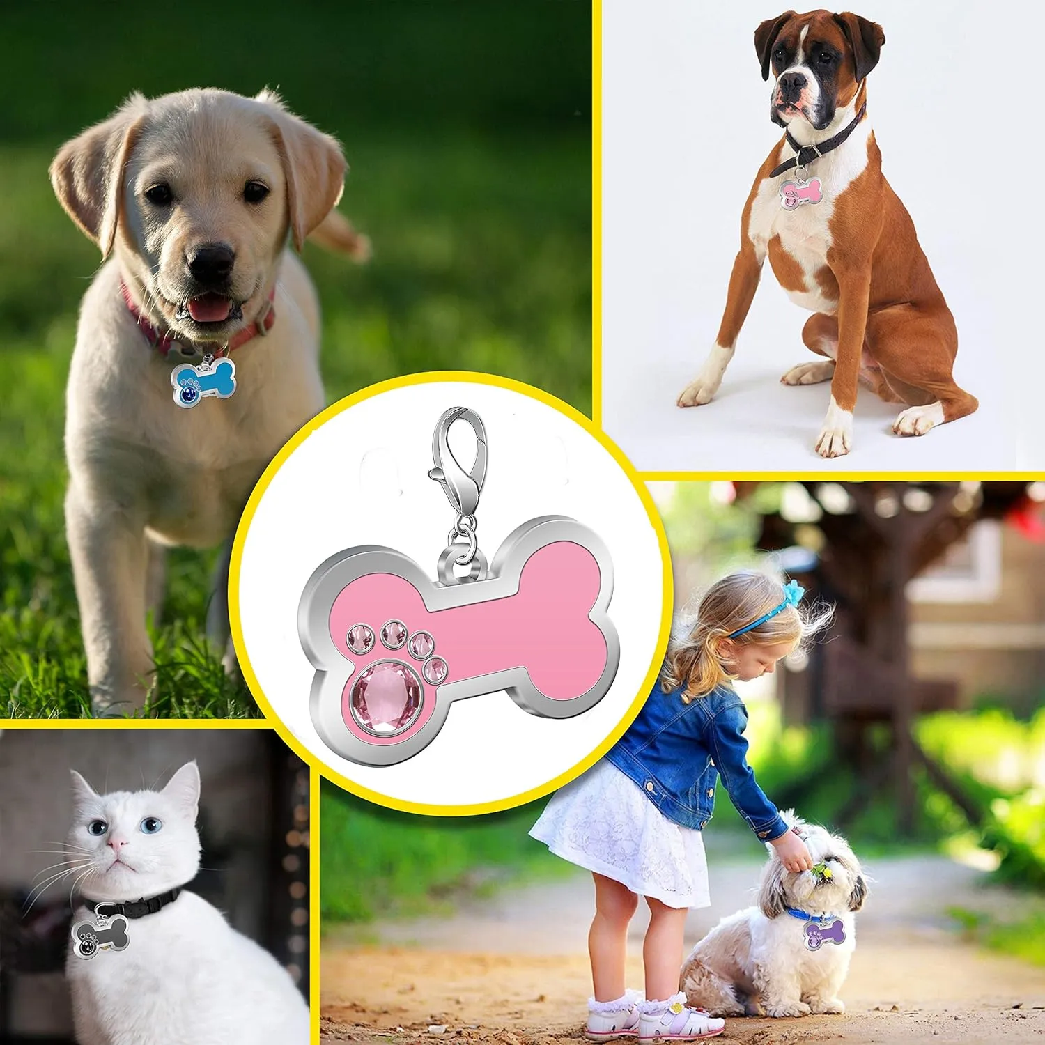 Personalized Engraved Stainless Steel Pet ID Silent Tag,Bone and Paw Shape Dog Tags & Cat Tags with Crystals (Pink, Bone Shape)