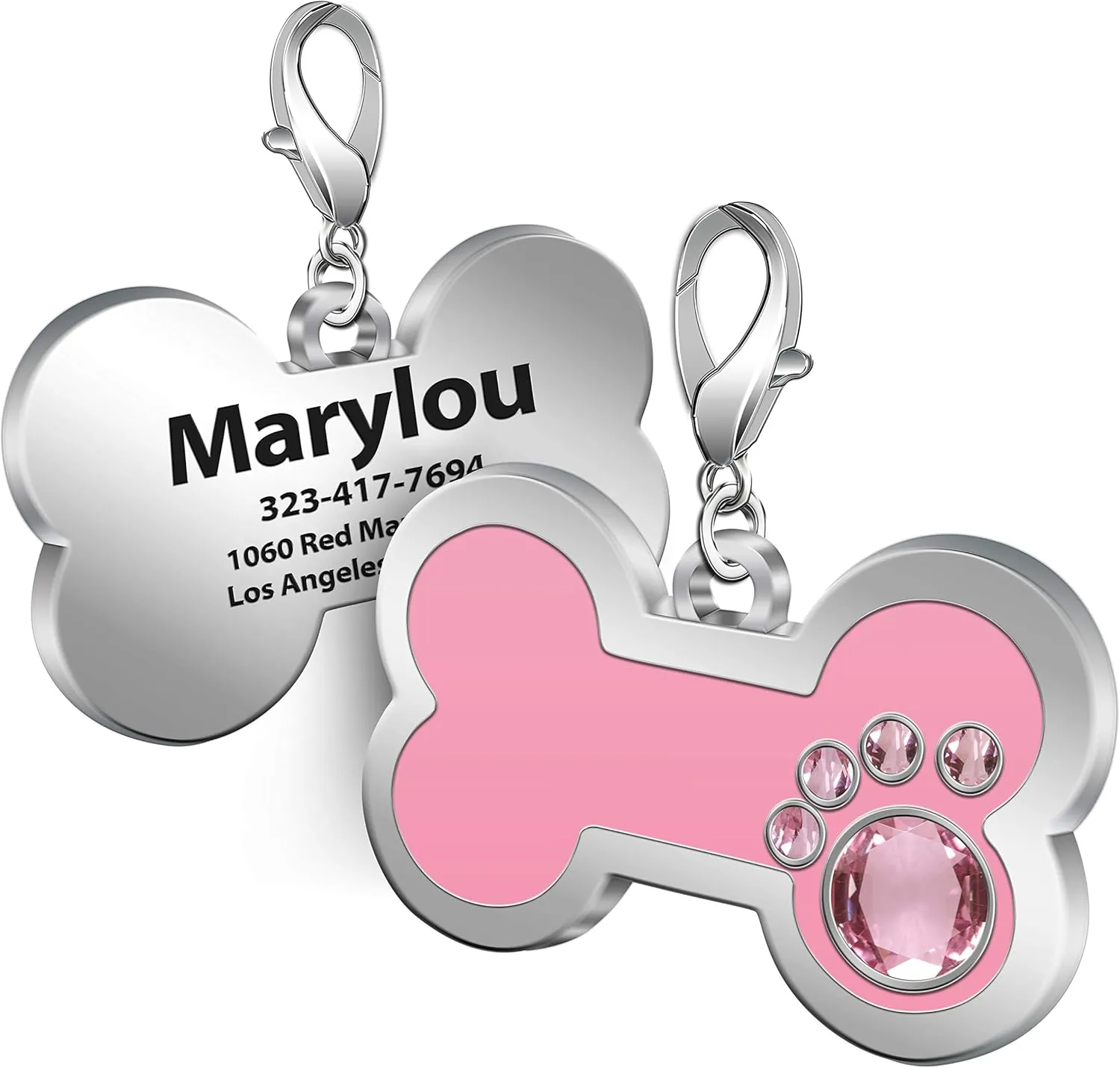 Personalized Engraved Stainless Steel Pet ID Silent Tag,Bone and Paw Shape Dog Tags & Cat Tags with Crystals (Pink, Bone Shape)