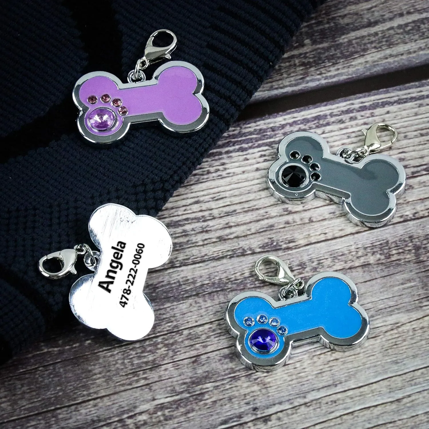 Personalized Engraved Stainless Steel Pet ID Silent Tag,Bone and Paw Shape Dog Tags & Cat Tags with Crystals (Pink, Bone Shape)