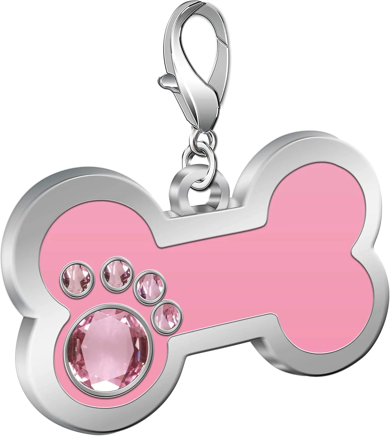 Personalized Engraved Stainless Steel Pet ID Silent Tag,Bone and Paw Shape Dog Tags & Cat Tags with Crystals (Pink, Bone Shape)