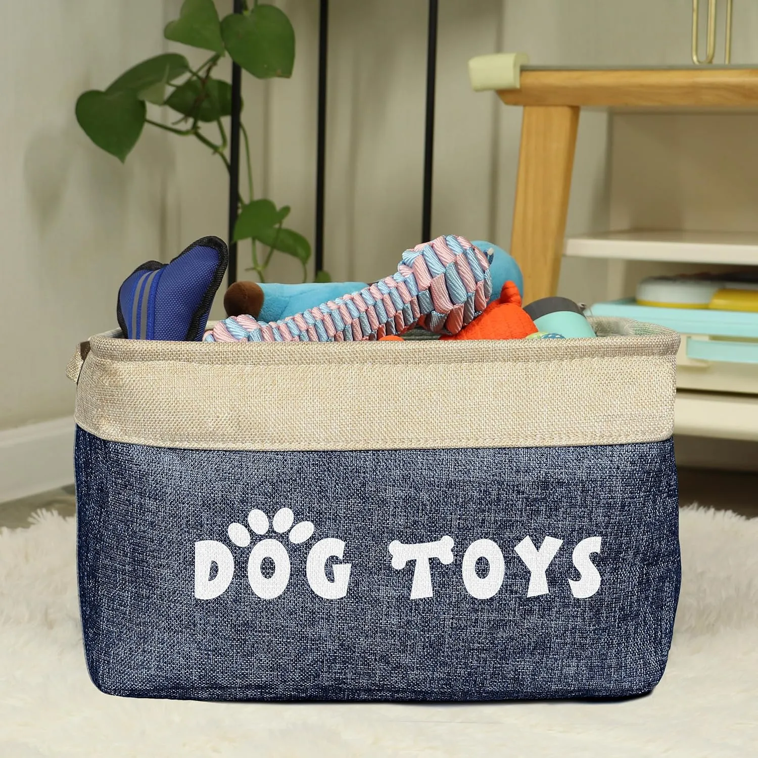 PET ARTIST Dog Toy Basket Bin - Rectangular Storage Box Chest Organizer for Dog Toys, Coats, Clothing & Accessories - Navy Blue