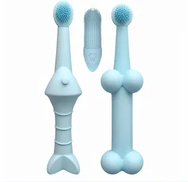 Pet Dental Care Set - Silicone Toothbrush and Finger Brush Set for Dogs and Cats with 1 Matching Finger Brush for Removing Food Debris and Freshening Breath (Blue/Green/Beige) (Blue, Medium)