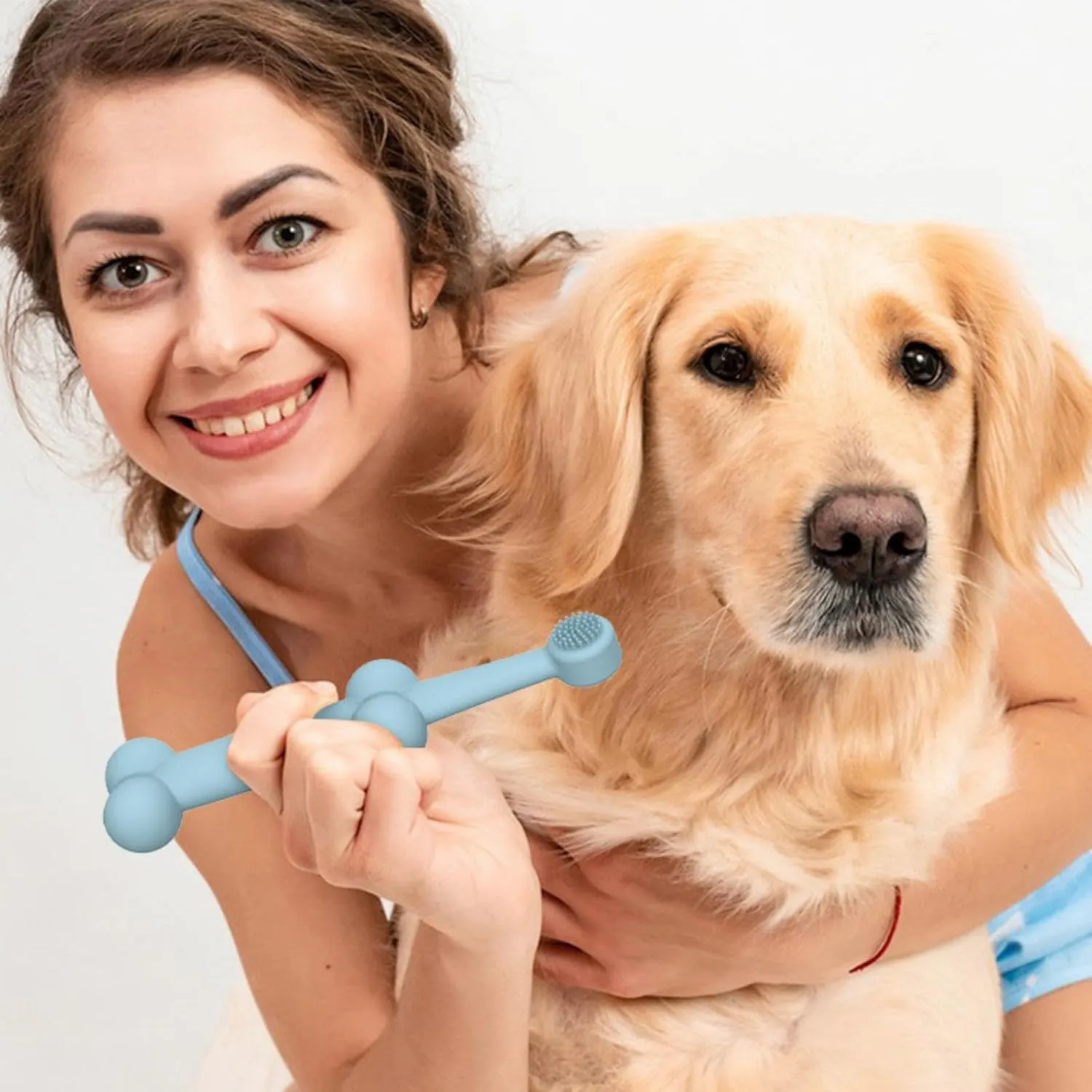 Pet Dental Care Set - Silicone Toothbrush and Finger Brush Set for Dogs and Cats with 1 Matching Finger Brush for Removing Food Debris and Freshening Breath (Blue/Green/Beige) (Blue, Medium)