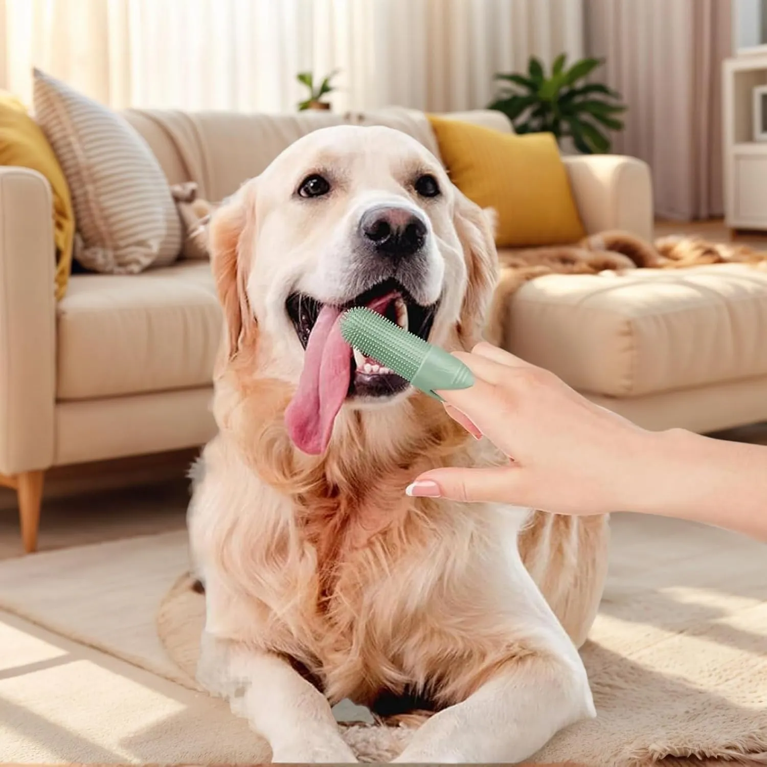 Pet Dental Care Set - Silicone Toothbrush and Finger Brush Set for Dogs and Cats with 1 Matching Finger Brush for Removing Food Debris and Freshening Breath (Blue/Green/Beige) (Blue, Medium)