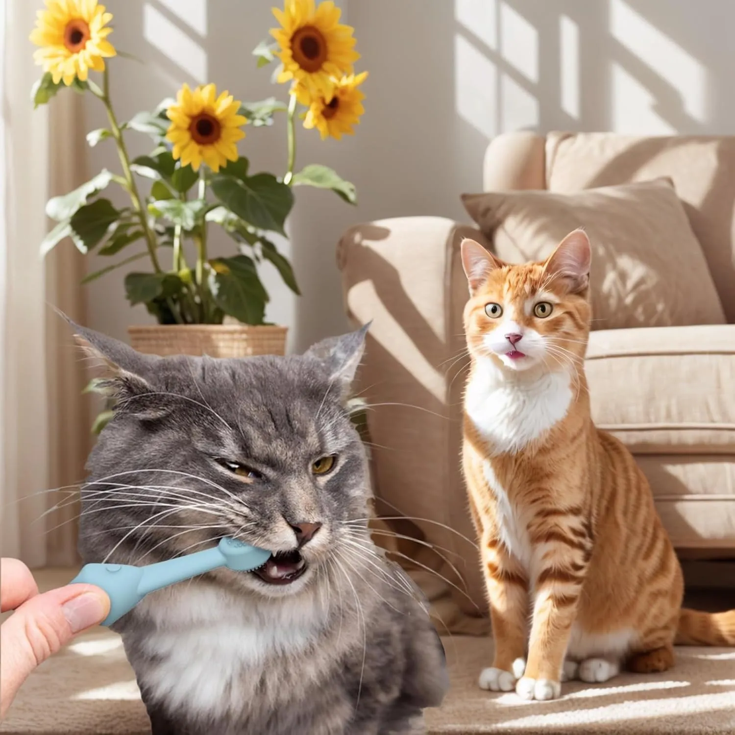 Pet Dental Care Set - Silicone Toothbrush and Finger Brush Set for Dogs and Cats with 1 Matching Finger Brush for Removing Food Debris and Freshening Breath (Blue/Green/Beige) (Blue, Medium)