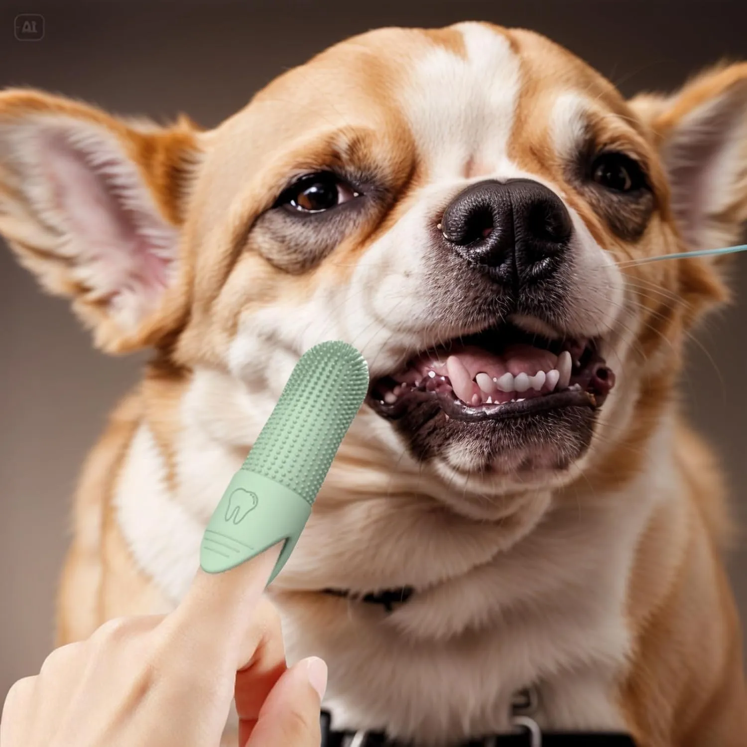 Pet Dental Care Set - Silicone Toothbrush and Finger Brush Set for Dogs and Cats with 1 Matching Finger Brush for Removing Food Debris and Freshening Breath (Blue/Green/Beige) (Blue, Medium)