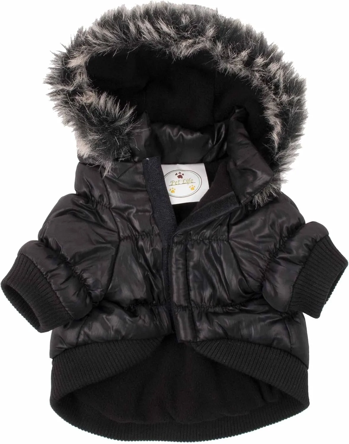 PET LIFE Classic Metallic Fashion Pet Dog Coat Jacket Parka w/ 3M Insulation and Removable Hood, Small, Jet Black