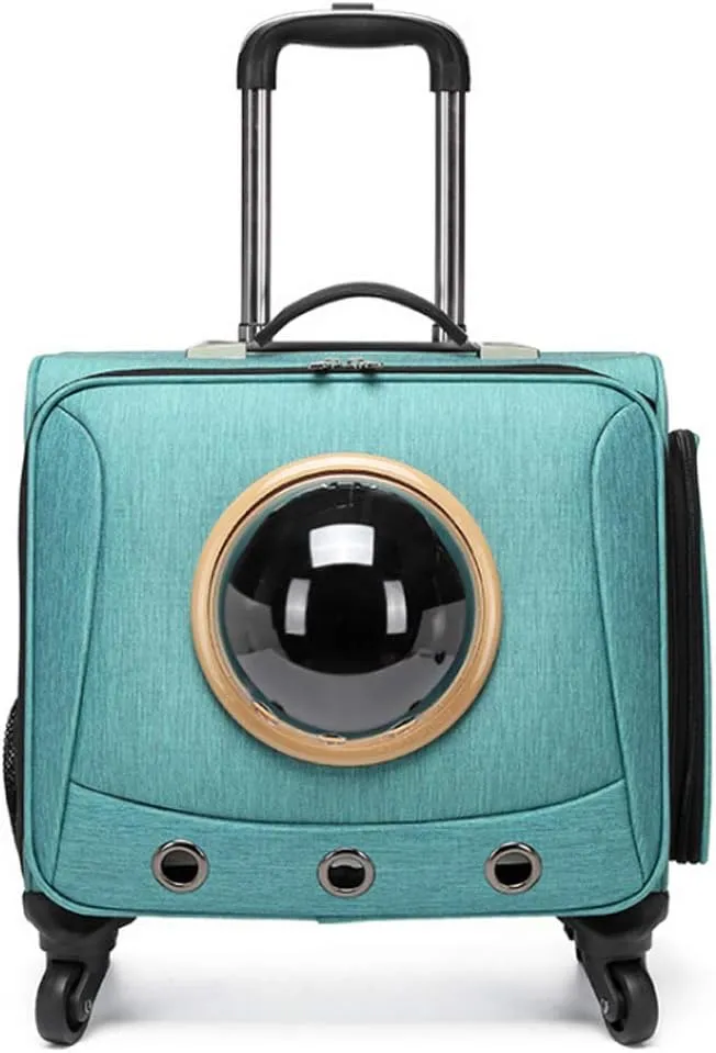 Pet Rolling Carrier Backpack with 4 Wheels,Removable Wheeled Pet Travel Carrier,Cat Backpack Bubble for Indoor & Outdoor Use,Approved by Most Airlines,Green