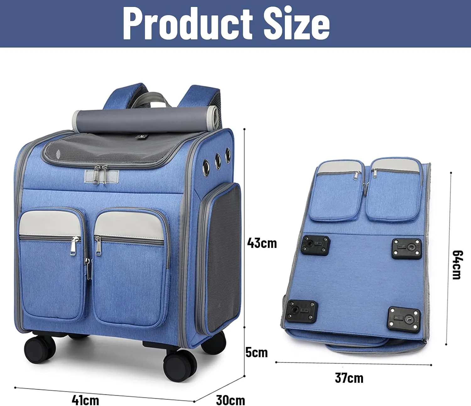 Pet Travel Carrier with Removable Rolling Wheels, Cat Rolling Carrier Backpack Pet Stroller Luggage Bag for Dogs Cats Puppy,Mesh Ventilation Windows, 2 Storage Pockets,Telescopic Handle