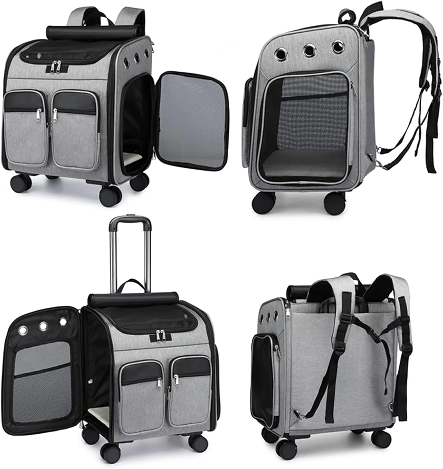 Pet Travel Carrier with Removable Rolling Wheels, Cat Rolling Carrier Backpack Pet Stroller Luggage Bag for Dogs Cats Puppy,Mesh Ventilation Windows, 2 Storage Pockets,Telescopic Handle