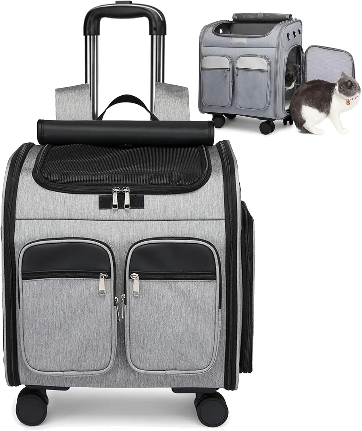 Pet Travel Carrier with Removable Rolling Wheels, Cat Rolling Carrier Backpack Pet Stroller Luggage Bag for Dogs Cats Puppy,Mesh Ventilation Windows, 2 Storage Pockets,Telescopic Handle
