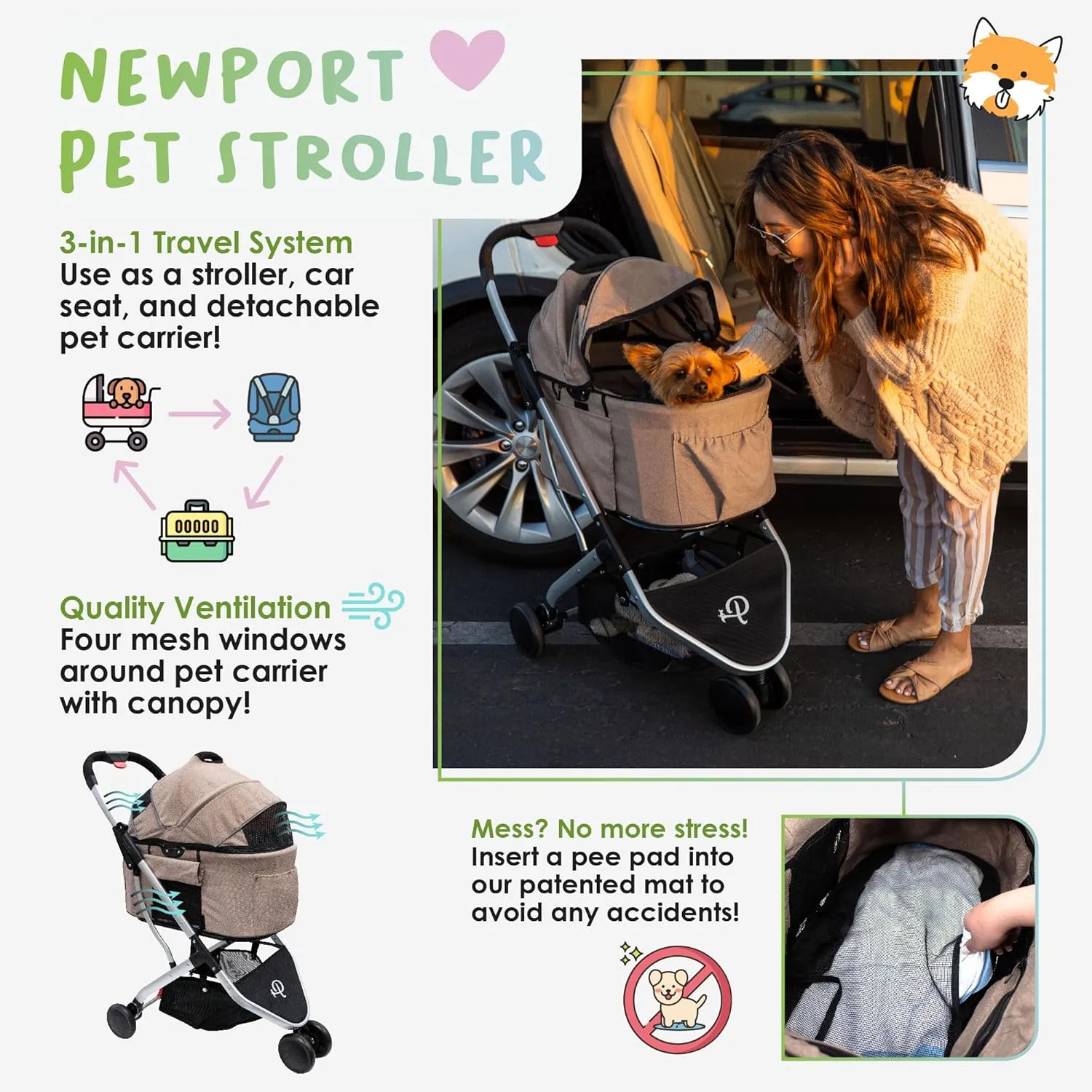 Petique 3-in-1 Newport Pet Stroller (Travel Carrier   Car Seat   Stroller), Easy Trifold/Unfold, 360 Front Rotating Wheel, Small/Medium Dogs, Cats and Pets, Supports up to 45LBS  Champagne (Beige)