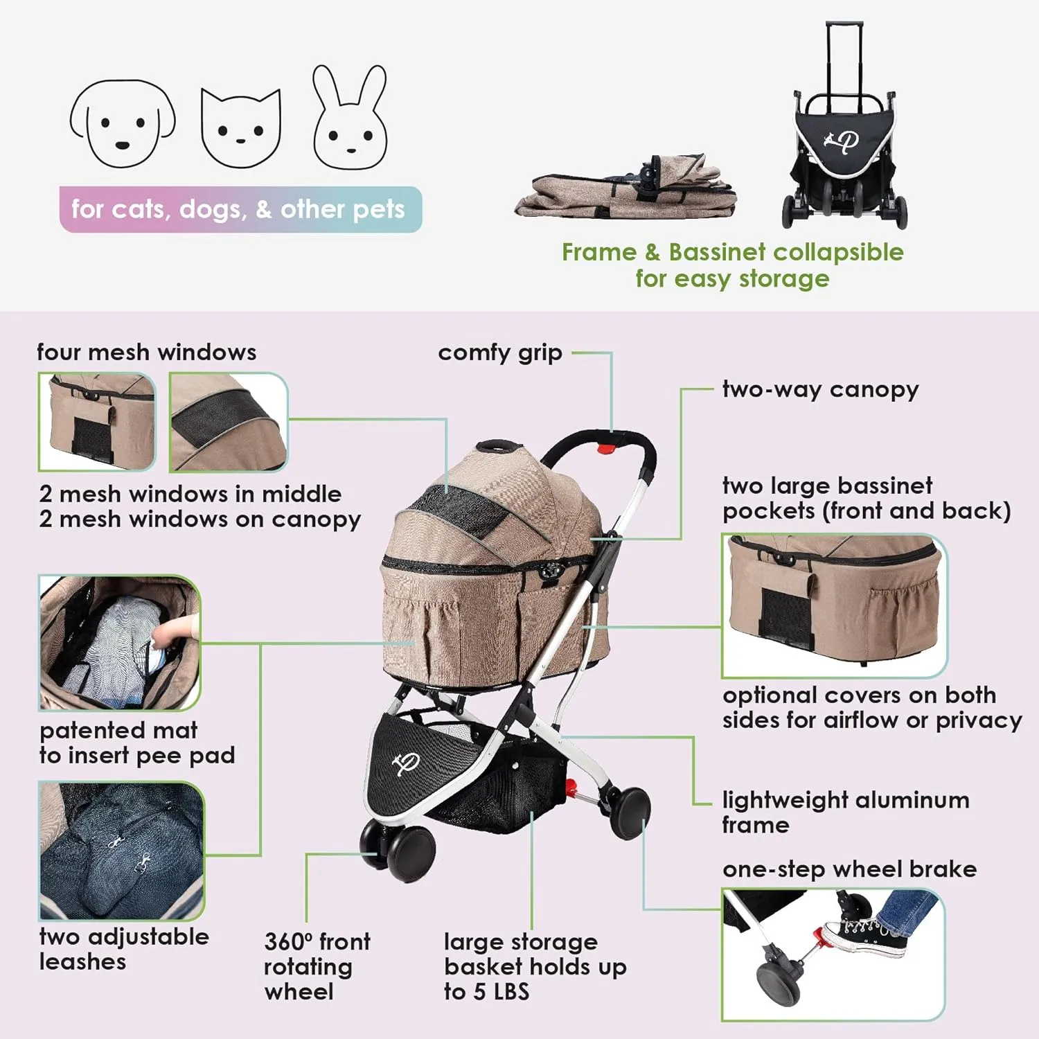 Petique 3-in-1 Newport Pet Stroller (Travel Carrier   Car Seat   Stroller), Easy Trifold/Unfold, 360 Front Rotating Wheel, Small/Medium Dogs, Cats and Pets, Supports up to 45LBS  Champagne (Beige)