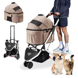 Petique 3-in-1 Newport Pet Stroller (Travel Carrier   Car Seat   Stroller), Easy Trifold/Unfold, 360 Front Rotating Wheel, Small/Medium Dogs, Cats and Pets, Supports up to 45LBS  Champagne (Beige)