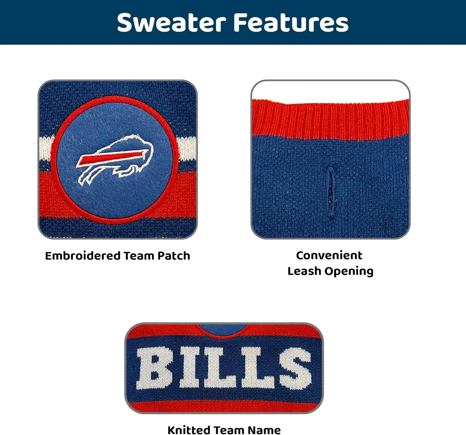 Pets First NFL Buffalo Bills Dog Sweater, Size Small. Warm and Cozy Knit Pet Sweater with NFL Team Logo, Best Puppy Sweater for Large and Small Dogs, Team Color (BUF-4179-SM)