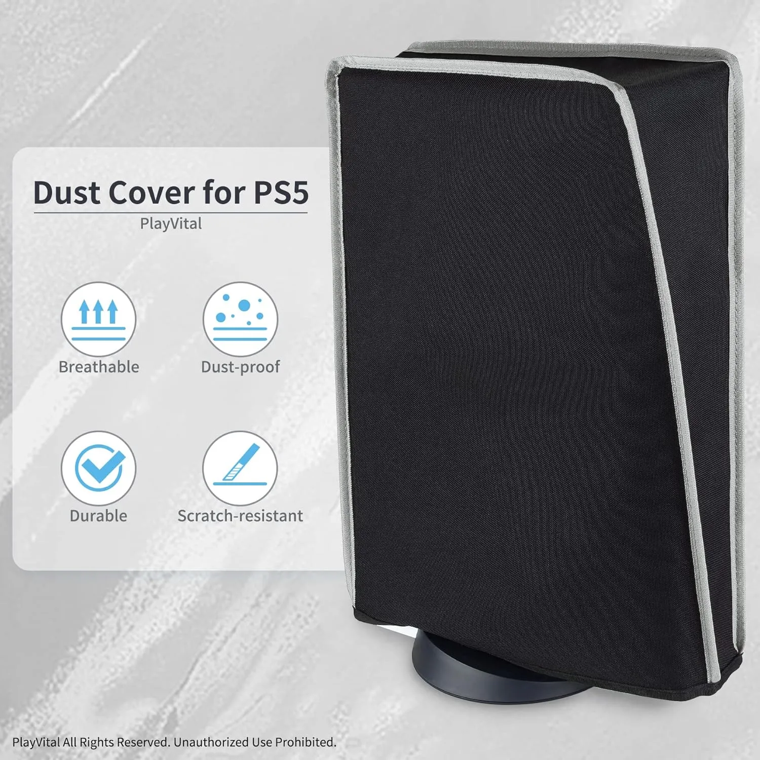 PlayVital Black Nylon Dust Cover for PS5, Soft Neat Lining Dust Guard for PS5 Console, Anti Scratch Waterproof Cover Sleeve for ps5 Console Digital Edition & Disc Edition - Light Gray Trim