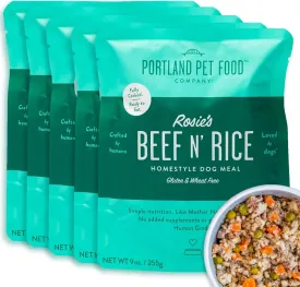Portland Pet Food Company Rosies Beef N' Rice Fresh Dog Food Pouches - Human-Grade, Gluten-Free Wet Pet Meal Topper & Mixers - Small & Large Breed Puppy & Senior Dogs - Made in The USA - 5 Pack