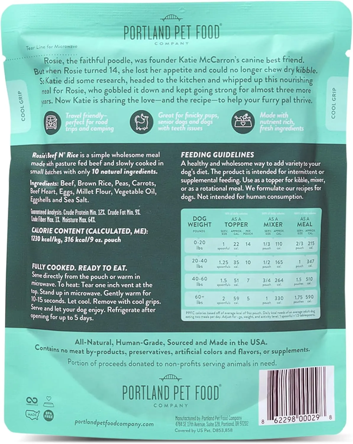 Portland Pet Food Company Rosies Beef N' Rice Fresh Dog Food Pouches - Human-Grade, Gluten-Free Wet Pet Meal Topper & Mixers - Small & Large Breed Puppy & Senior Dogs - Made in The USA - 5 Pack
