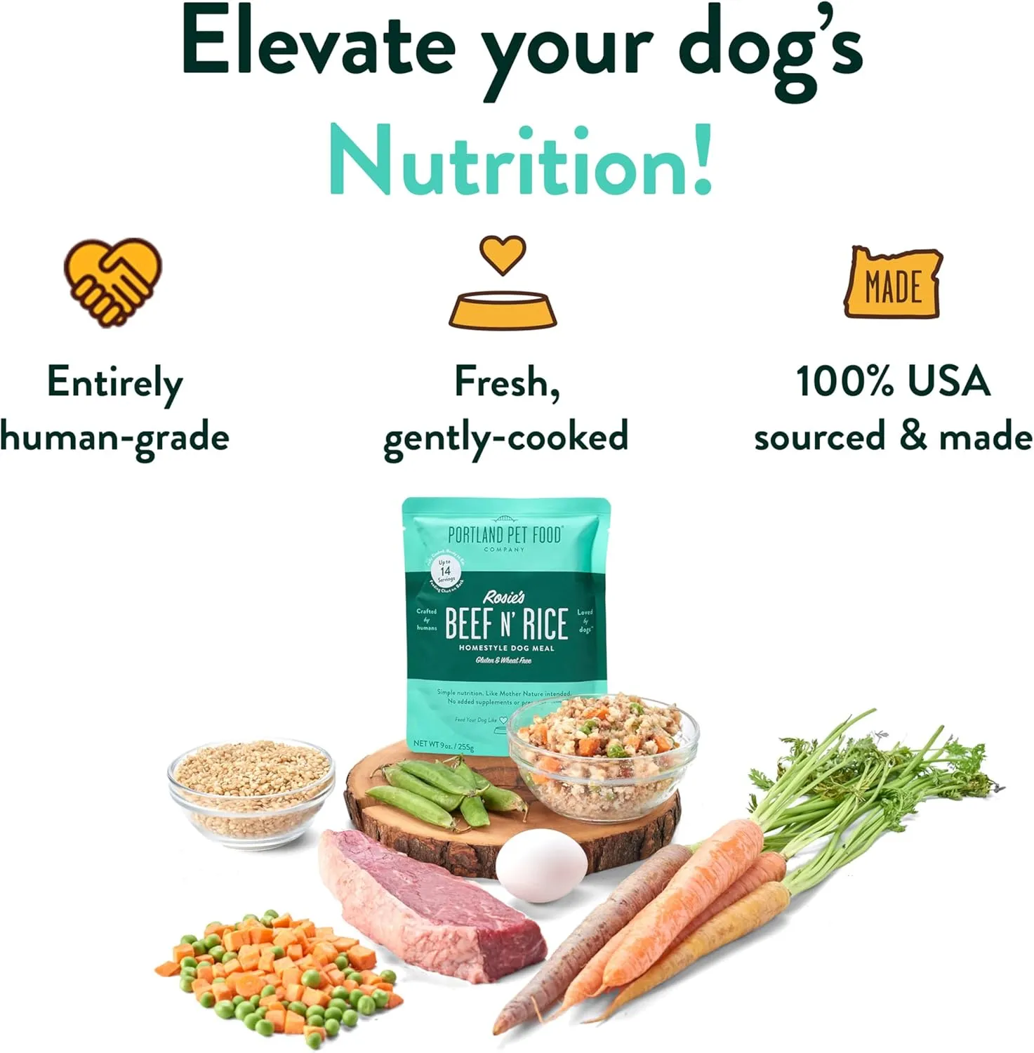 Portland Pet Food Company Rosies Beef N' Rice Fresh Dog Food Pouches - Human-Grade, Gluten-Free Wet Pet Meal Topper & Mixers - Small & Large Breed Puppy & Senior Dogs - Made in The USA - 5 Pack