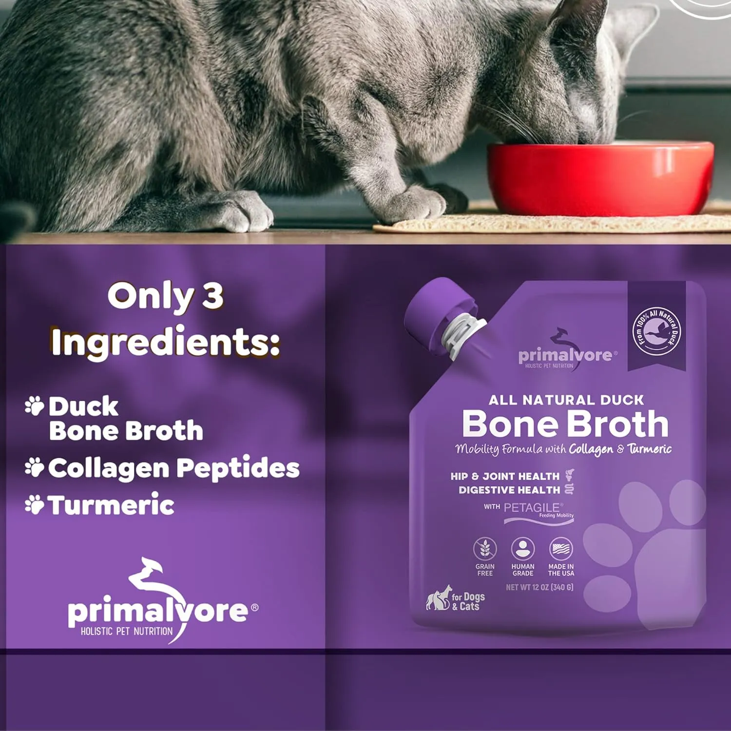 Primalvore All-Natural Duck Bone Broth for Dogs &Cats, Mobility Formula w/Collagen Peptides Supports Hip & Joints, Digestion, Skin&Coat and Hydration, Grain Free, Human Grade, Made in USA. Duck 2 Pack