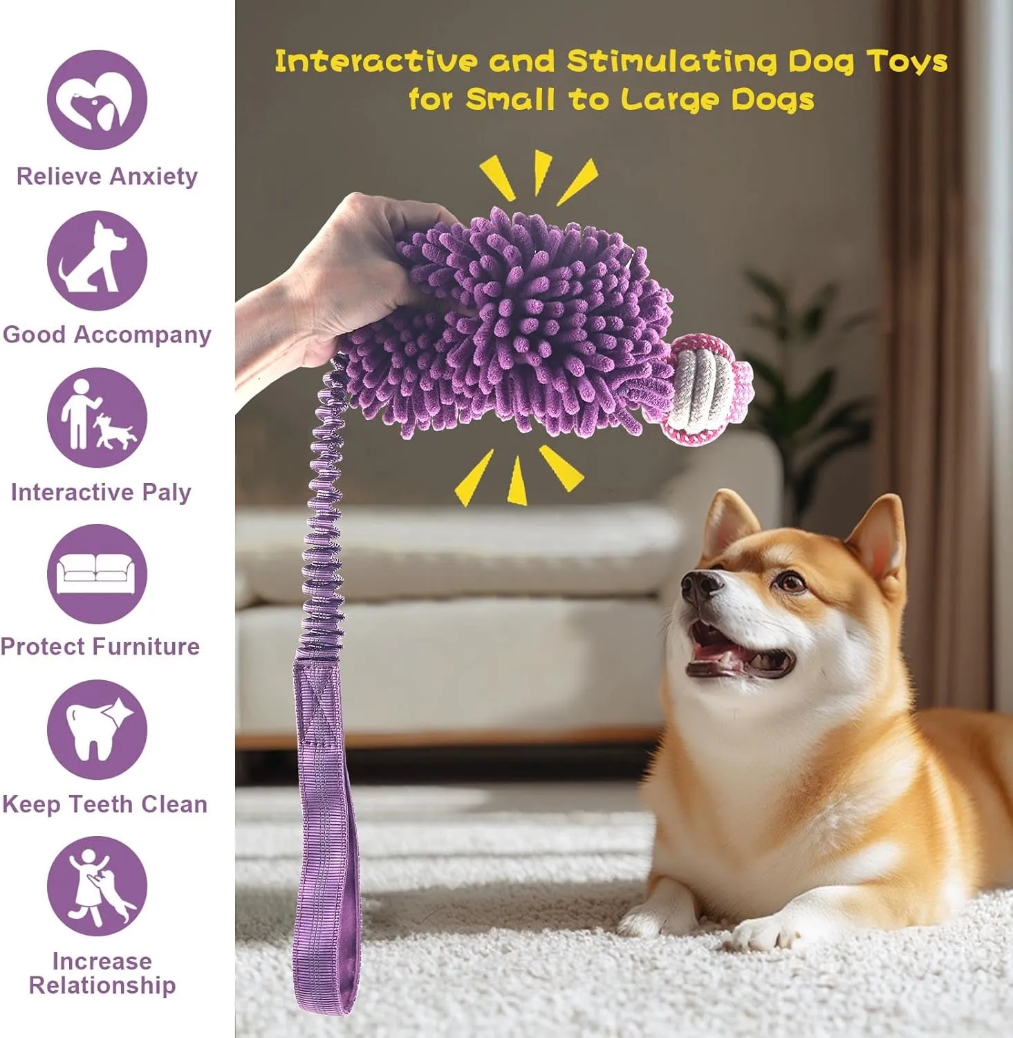 Puppy Toys Squeak Plush Toy With Ropes Knots for Fun and Teeth Cleaning, Tug of War, Chew Toys, Training Small, Large Dogs (Purple, Bite Ball Toy)
