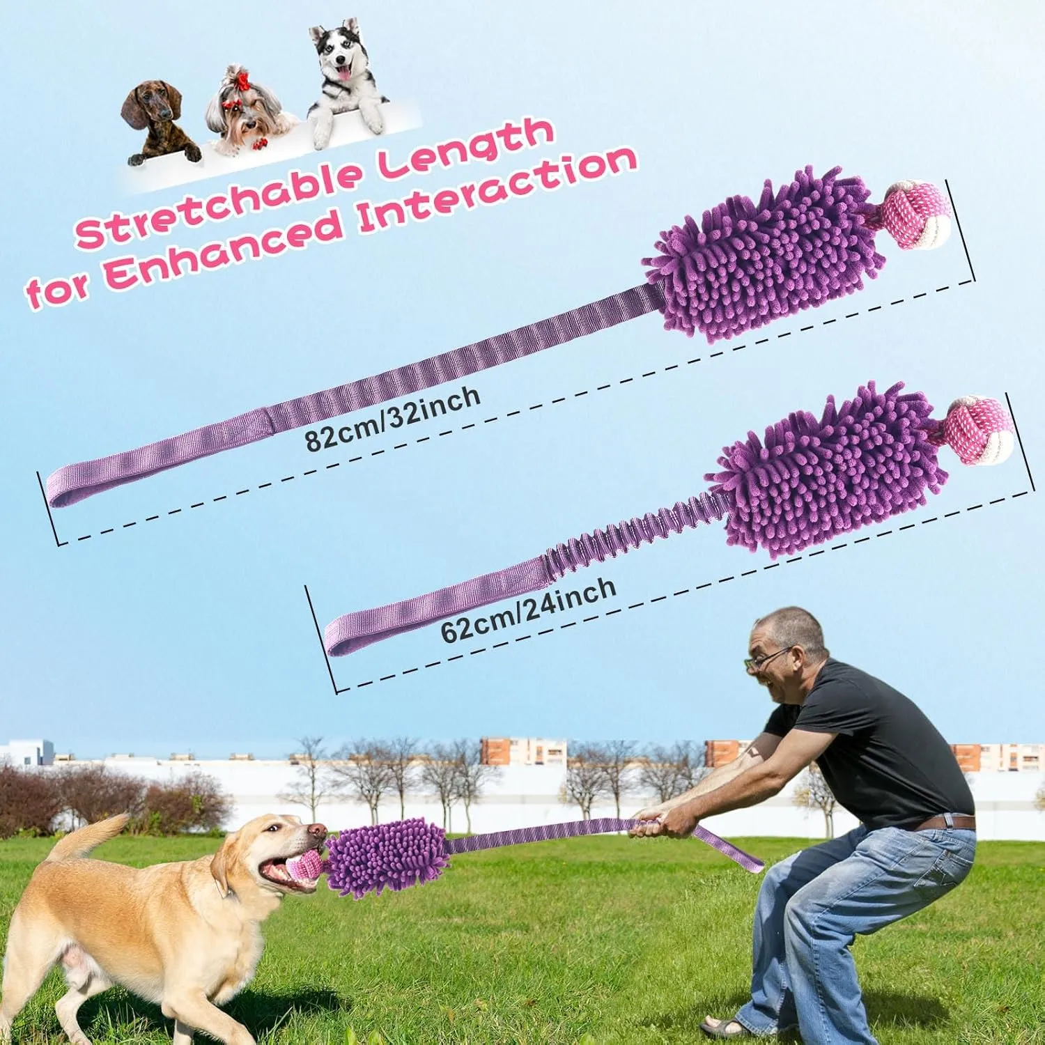 Puppy Toys Squeak Plush Toy With Ropes Knots for Fun and Teeth Cleaning, Tug of War, Chew Toys, Training Small, Large Dogs (Purple, Bite Ball Toy)