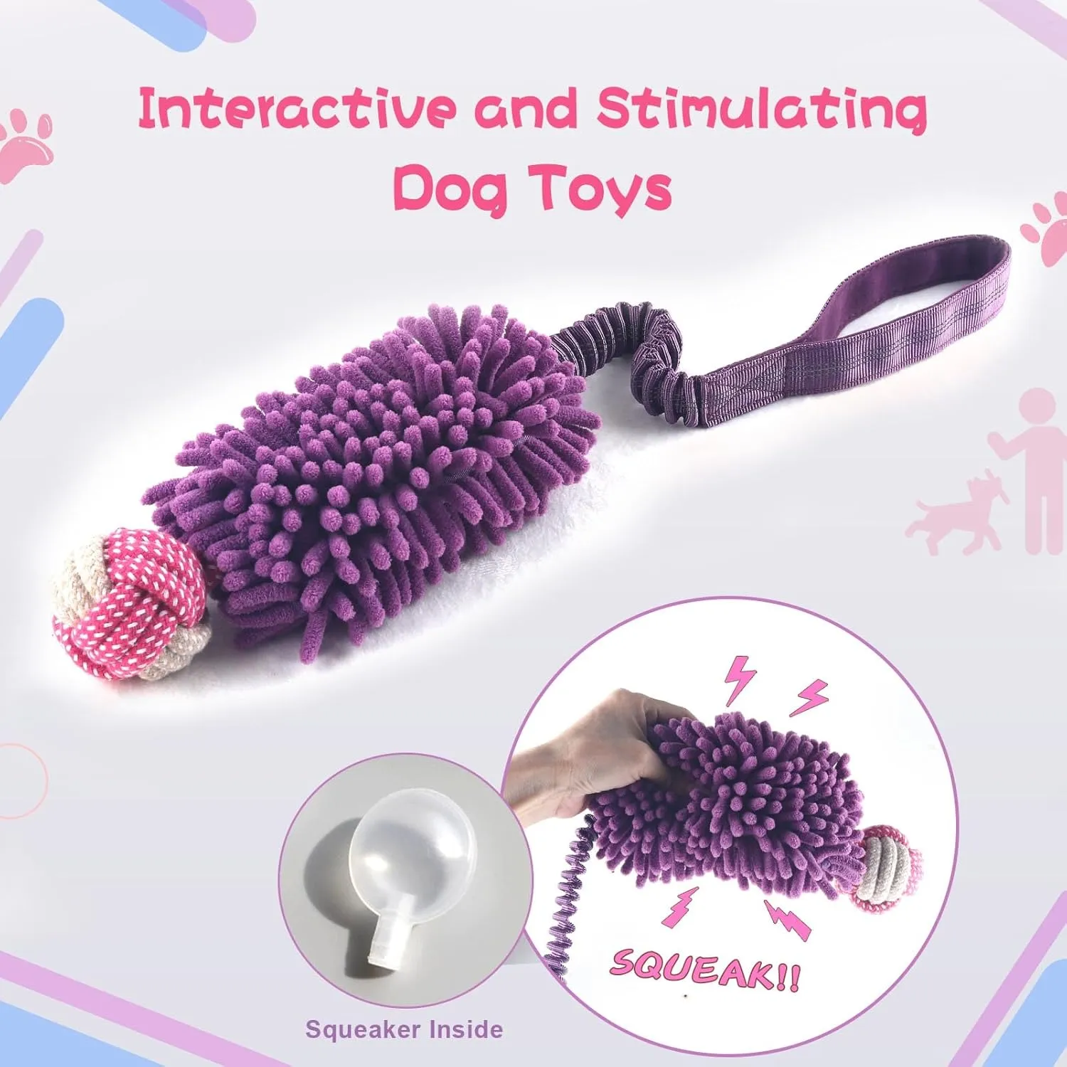 Puppy Toys Squeak Plush Toy With Ropes Knots for Fun and Teeth Cleaning, Tug of War, Chew Toys, Training Small, Large Dogs (Purple, Bite Ball Toy)