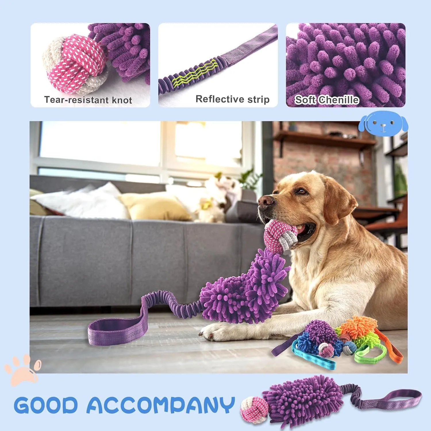 Puppy Toys Squeak Plush Toy With Ropes Knots for Fun and Teeth Cleaning, Tug of War, Chew Toys, Training Small, Large Dogs (Purple, Bite Ball Toy)