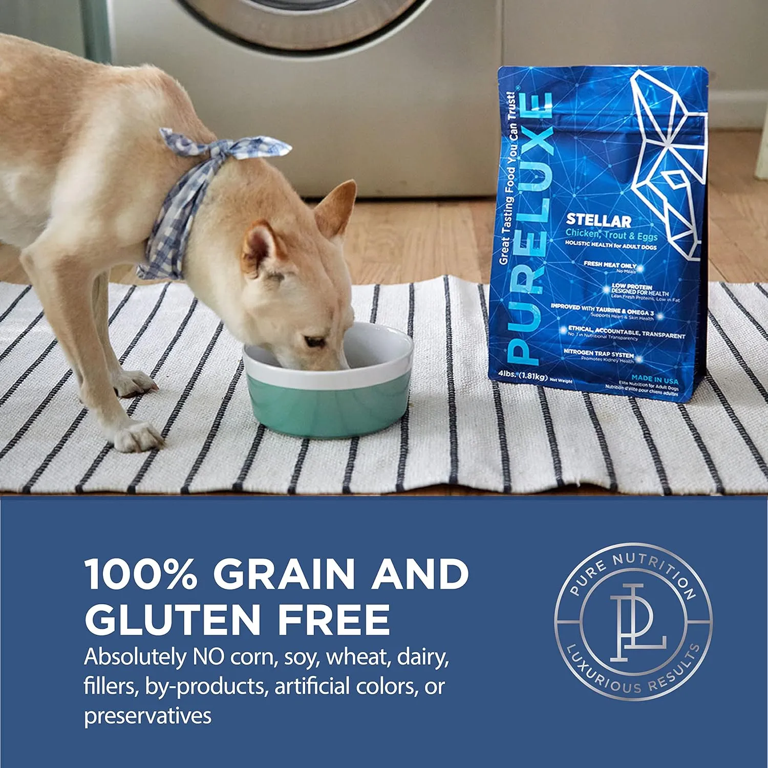 PURELUXE Grain and Gluten Free Dog Food, Stellar Elite Nutrition, Chicken, Trout, and Eggs, for Adult and Senior Dogs, Made in The USA, 22lbs
