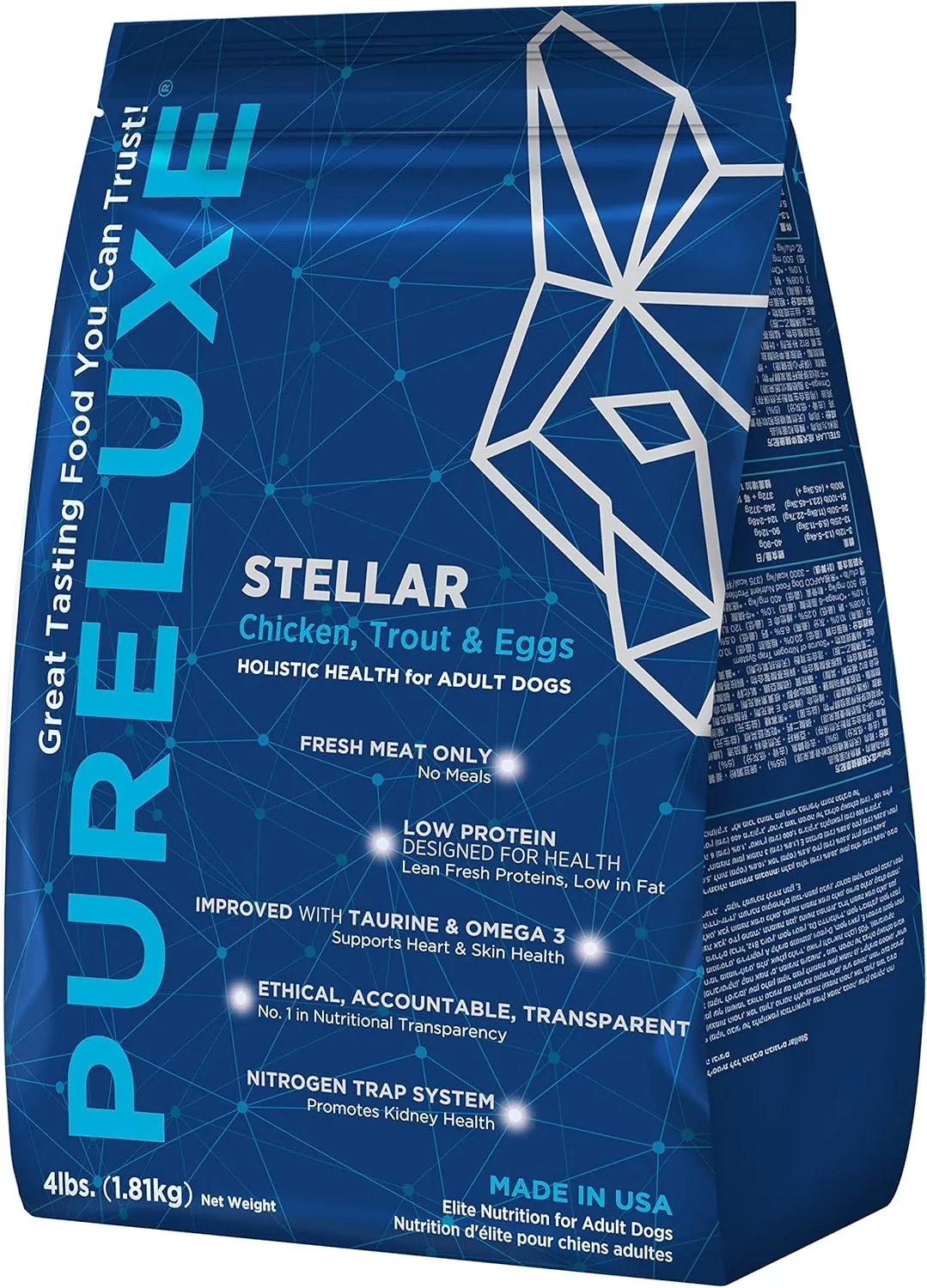 PURELUXE Grain and Gluten Free Dog Food, Stellar Elite Nutrition, Chicken, Trout, and Eggs, for Adult and Senior Dogs, Made in The USA, 22lbs