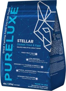 PURELUXE Grain and Gluten Free Dog Food, Stellar Elite Nutrition, Chicken, Trout, and Eggs, for Adult and Senior Dogs, Made in The USA, 22lbs