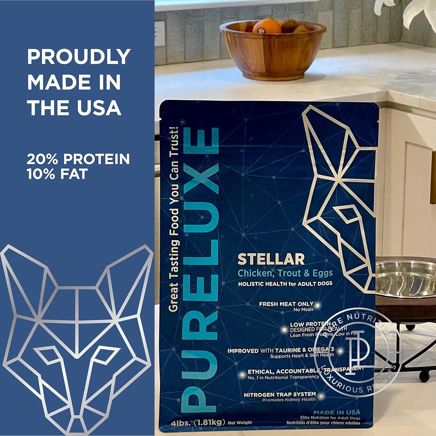 PURELUXE Grain and Gluten Free Dog Food, Stellar Elite Nutrition, Chicken, Trout, and Eggs, for Adult and Senior Dogs, Made in The USA, 22lbs